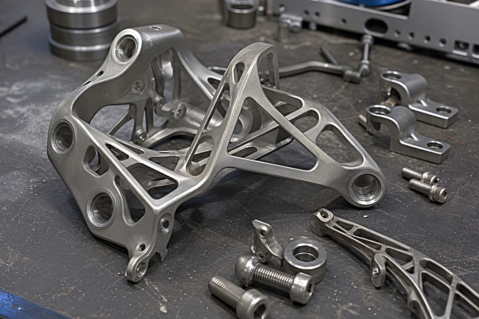 Glaenzende metallische Leichtbau-Bauteile aus Titanlegierung in einer Industriewerkstatt